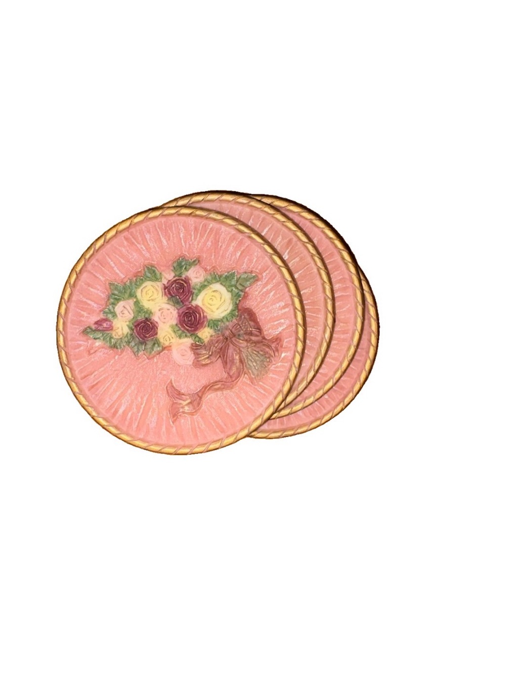 Vintage 3D Resin Floral Coasters Set of 4 Shabby Chic Pink Rose Relief Victorian